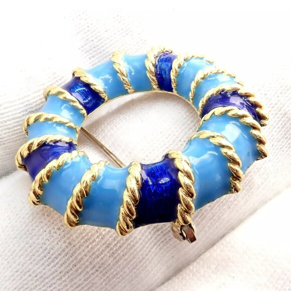 Rare! Vintage Tiffany & Co 18k Yellow Gold Blue Enamel Circle Rope Brooch Pin - Picture 10 of 13